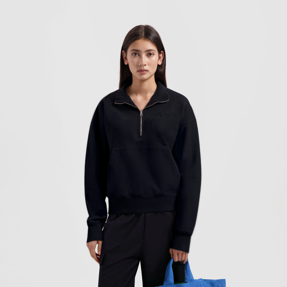 WMN OUTLINE LOGO ZIP MOCK | BLACK