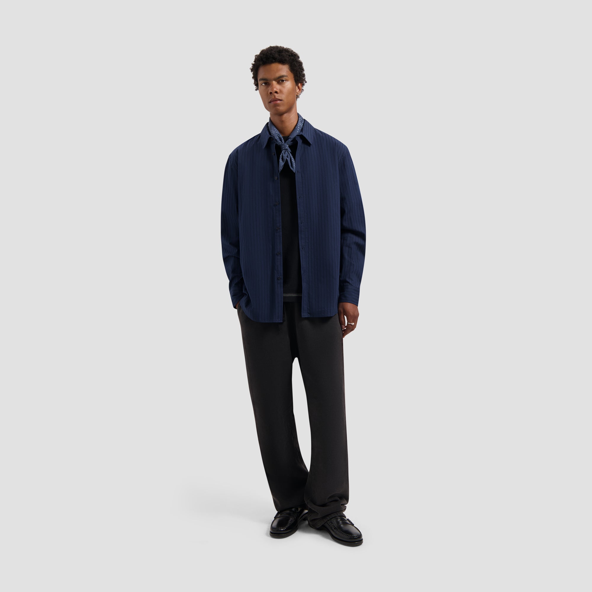 Stitched Striped Relaxed Shirt - Navy