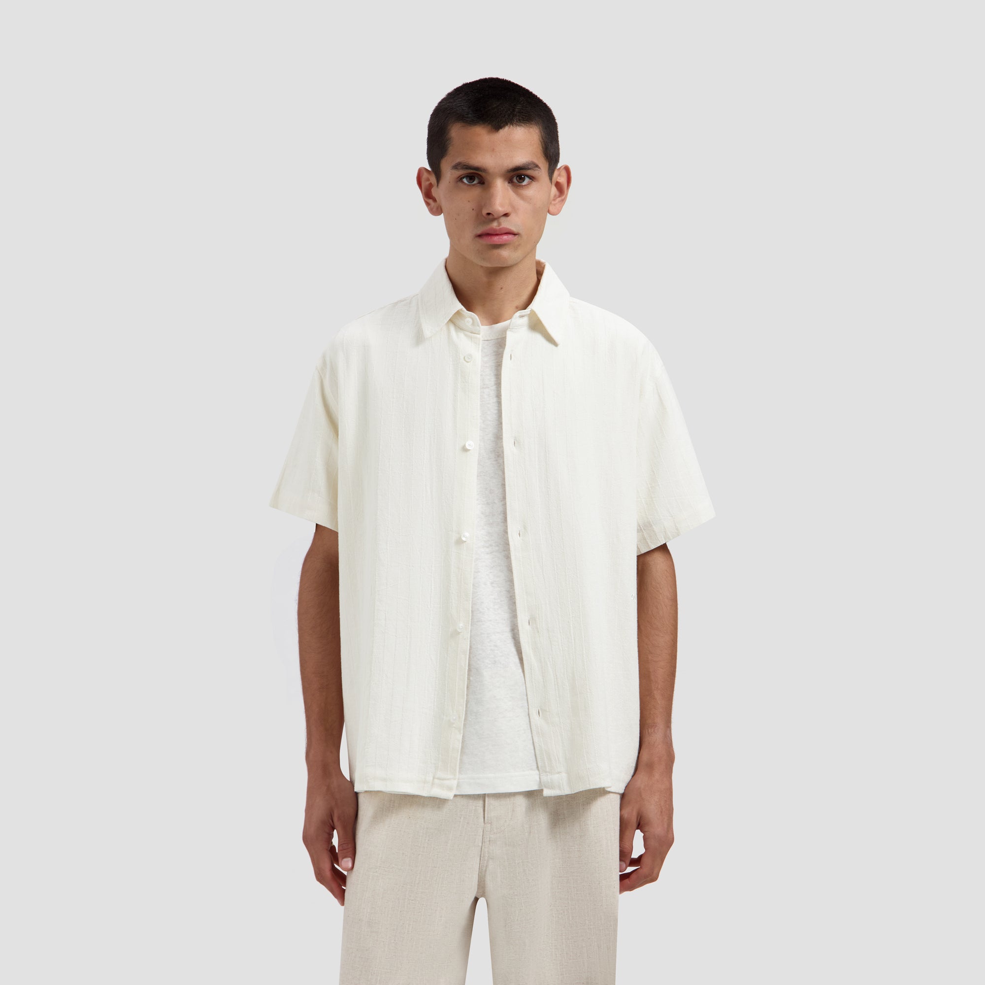 Textured Stripe Boxy SS Shirt - Off-White