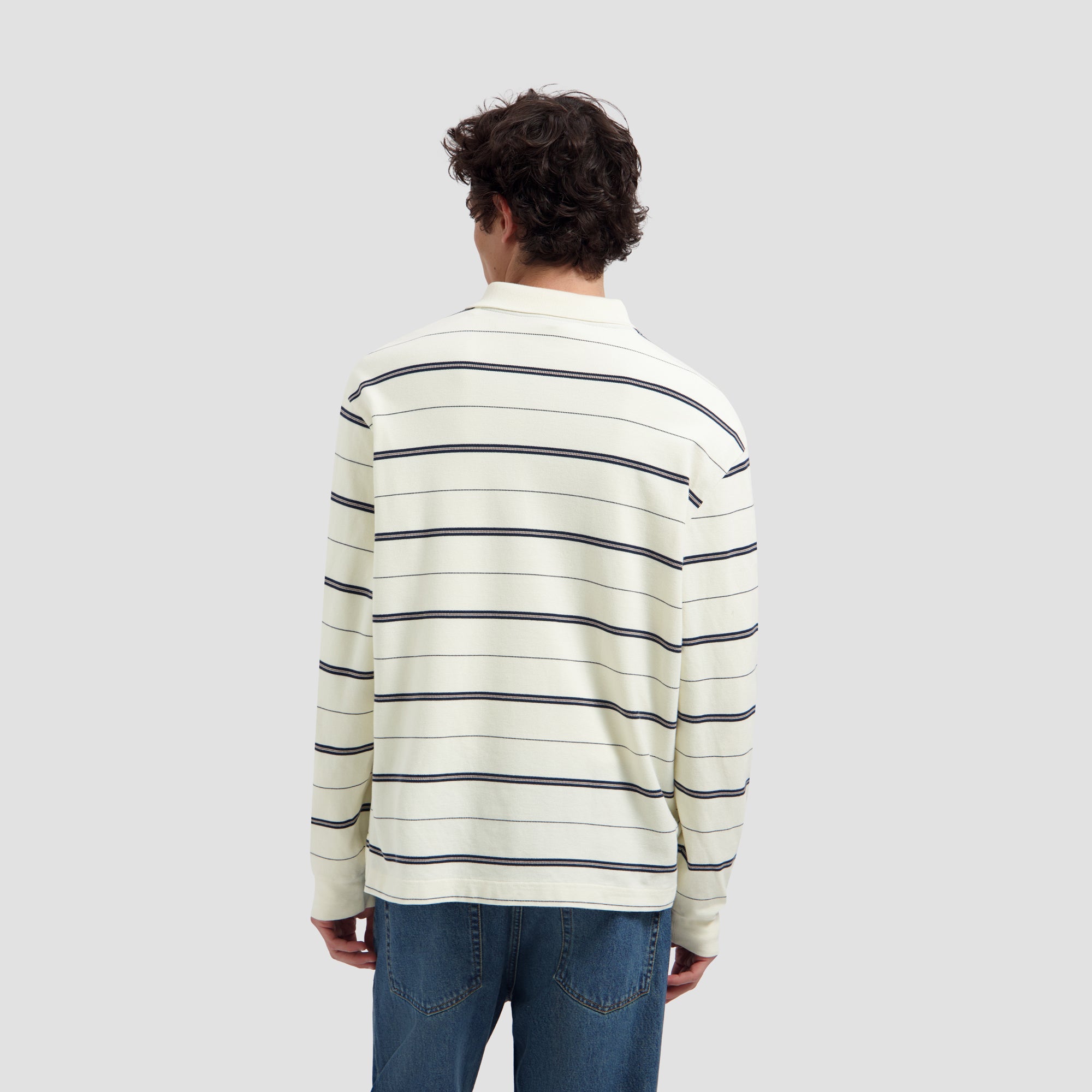 Striped Signature LS Polo - Off White/ Navy Stripe